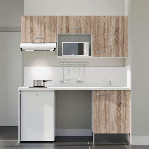 Kitchenette K55l-pt - 180 Cm-façade Bois-plan Blanc-evier Inox-crédences Oui+electro Blanc