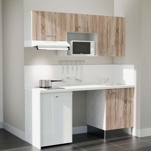 Kitchenette K55l-pt - 180 Cm-façade Bois-plan Blanc-evier Inox-crédences Oui+electro Blanc
