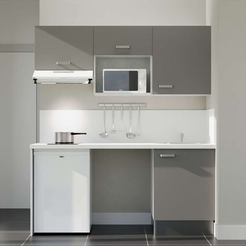 Kitchenette K55l-pt - 180 Cm-façade Gris-plan Blanc-evier Inox-crédences Oui+electro Blanc