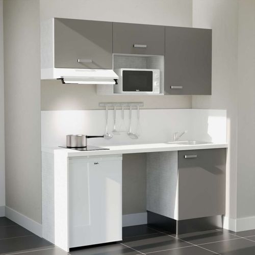 Kitchenette K55l-pt - 180 Cm-façade Gris-plan Blanc-evier Inox-crédences Oui+electro Blanc