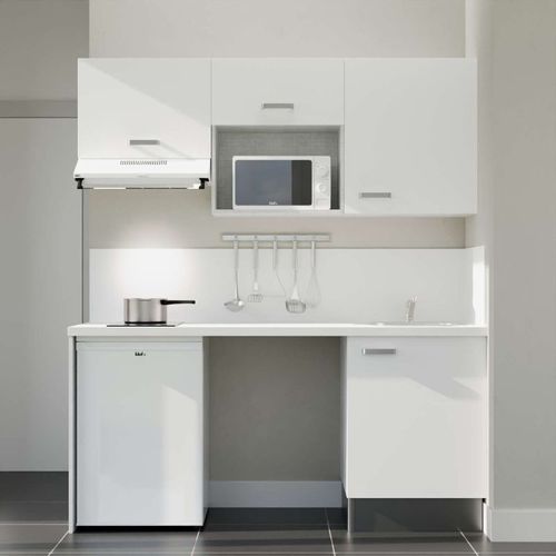 Kitchenette K55l-pt - 180 Cm-façade Blanc-plan Blanc-evier Inox-crédences Oui+electro Blanc