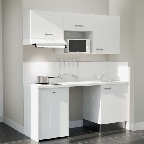 Kitchenette K55l-pt - 180 Cm-façade Blanc-plan Blanc-evier Inox-crédences Oui+electro Blanc