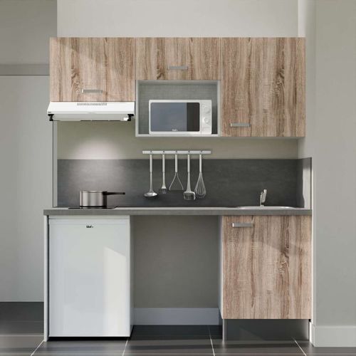 Kitchenette K55l-pt - 180 Cm-façade Bois-plan Gris Béton-evier Inox-crédences Oui+electro Blanc