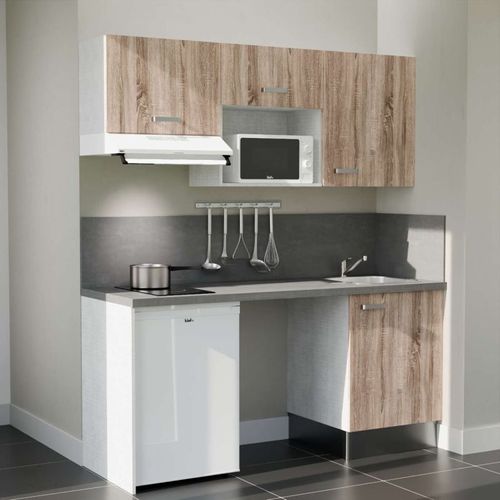 Kitchenette K55l-pt - 180 Cm-façade Bois-plan Gris Béton-evier Inox-crédences Oui+electro Blanc