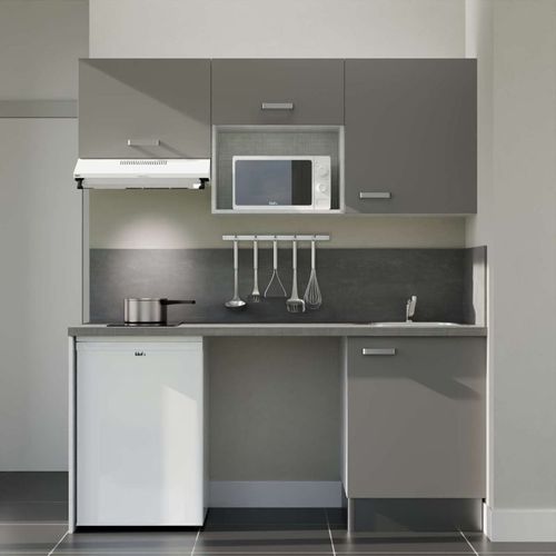 Kitchenette K55l-pt - 180 Cm-façade Gris-plan Gris Béton-evier Inox-crédences Oui+electro Blanc