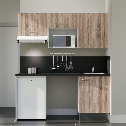 Kitchenette K55l-pt - 180 Cm-façade Bois-plan Noir Texturé-evier Inox-crédences Oui+electro Blanc