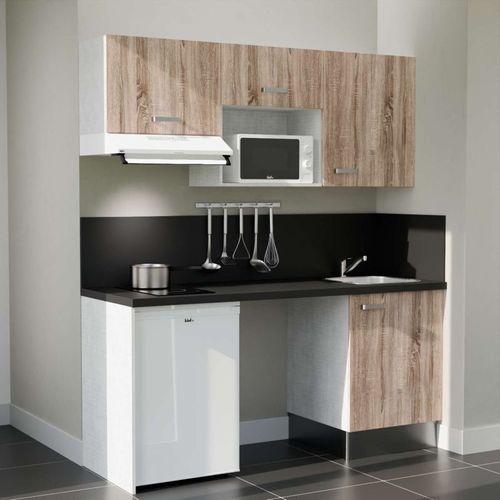 Kitchenette K55l-pt - 180 Cm-façade Bois-plan Noir Texturé-evier Inox-crédences Oui+electro Blanc