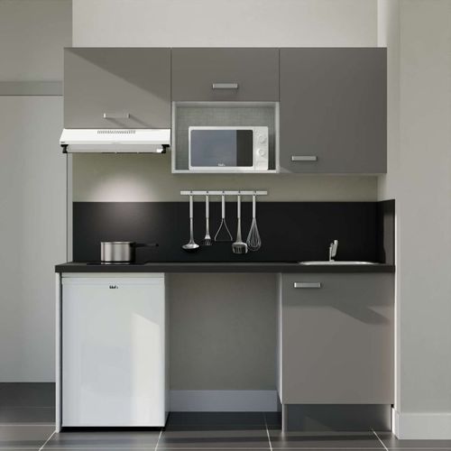 Kitchenette K55l-pt - 180 Cm-façade Gris-plan Noir Texturé-evier Inox-crédences Oui+electro Blanc
