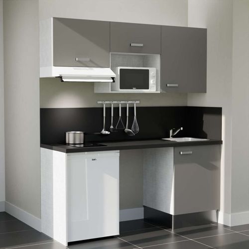Kitchenette K55l-pt - 180 Cm-façade Gris-plan Noir Texturé-evier Inox-crédences Oui+electro Blanc
