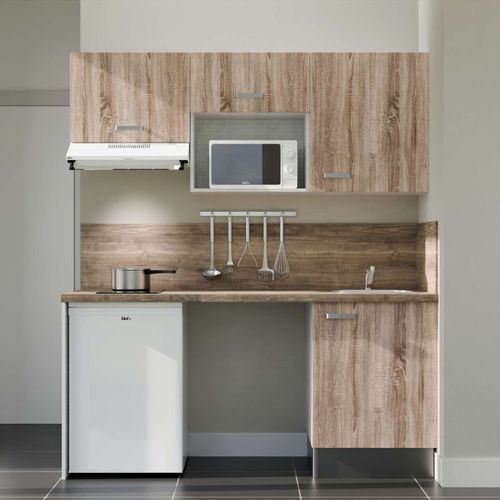 Kitchenette K55l-pt - 180 Cm-façade Bois-plan Bois-evier Inox-crédences Oui+electro Blanc
