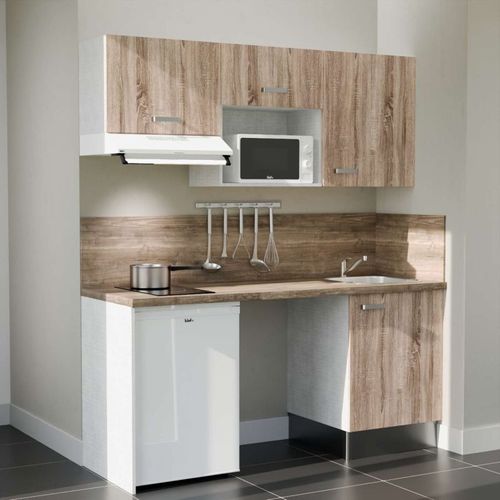 Kitchenette K55l-pt - 180 Cm-façade Bois-plan Bois-evier Inox-crédences Oui+electro Blanc