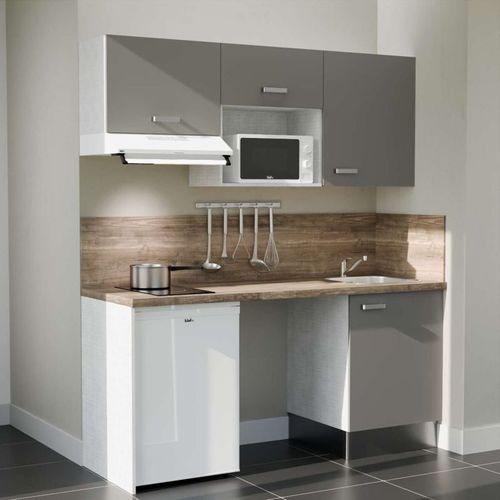 Kitchenette K55l-pt - 180 Cm-façade Gris-plan Bois-evier Inox-crédences Oui+electro Blanc