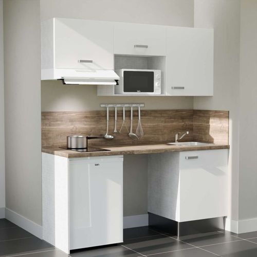 Kitchenette K55l-pt - 180 Cm-façade Blanc-plan Bois-evier Inox-crédences Oui+electro Blanc