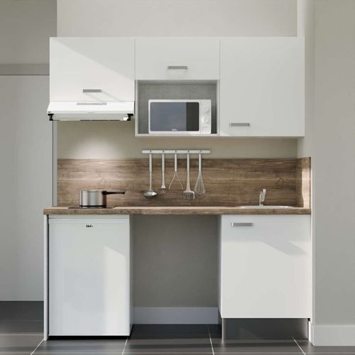 Kitchenette K55l-pt - 180 Cm-façade Blanc-plan Bois-evier Inox-crédences Oui+electro Blanc