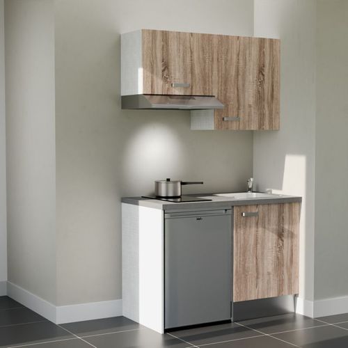 Kitchenette K01l-pt - 120 Cm-façade Bois-plan Gris Béton-evier Inox-crédences Non+electro Inox