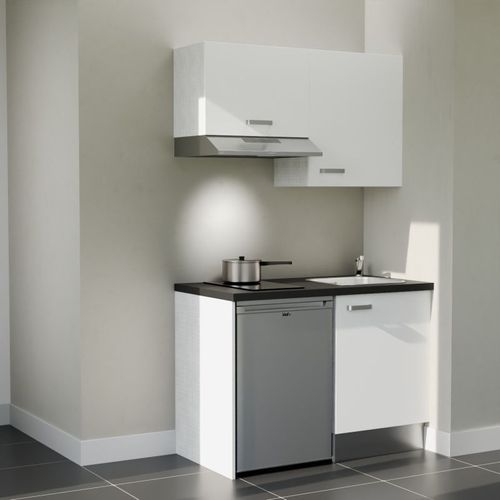Kitchenette K01l-pt - 120 Cm-façade Blanc-plan Noir Texturé-evier Inox-crédences Non+electro Inox
