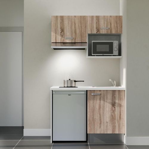 Kitchenette K02l-pt - 120 Cm-façade Bois-plan Blanc-evier Inox-crédences Non+electro Inox