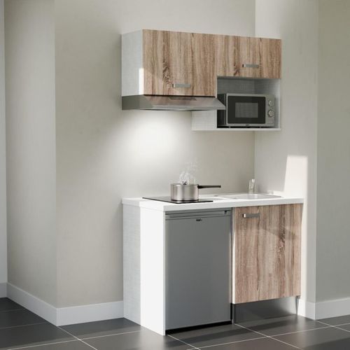 Kitchenette K02l-pt - 120 Cm-façade Bois-plan Blanc-evier Inox-crédences Non+electro Inox