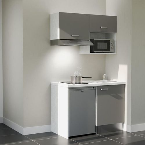Kitchenette K02l-pt - 120 Cm-façade Gris-plan Blanc-evier Inox-crédences Non+electro Inox