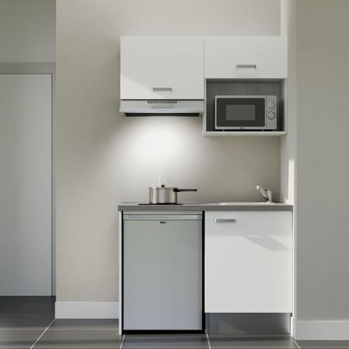 Kitchenette K02l-pt - 120 Cm-façade Blanc-plan Gris Béton-evier Inox-crédences Non+electro Inox