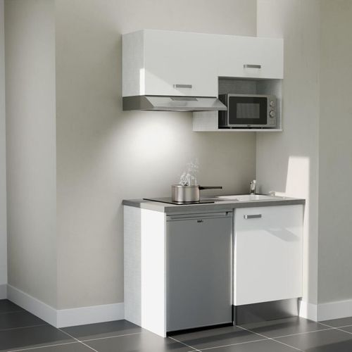 Kitchenette K02l-pt - 120 Cm-façade Blanc-plan Gris Béton-evier Inox-crédences Non+electro Inox