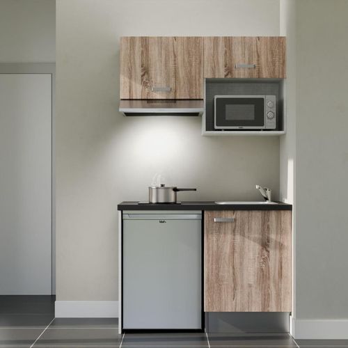 Kitchenette K02l-pt - 120 Cm-façade Bois-plan Noir Texturé-evier Inox-crédences Non+electro Inox