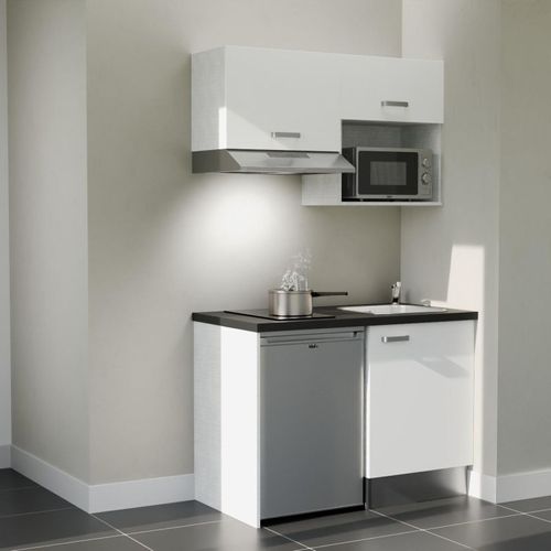 Kitchenette K02l-pt - 120 Cm-façade Blanc-plan Noir Texturé-evier Inox-crédences Non+electro Inox