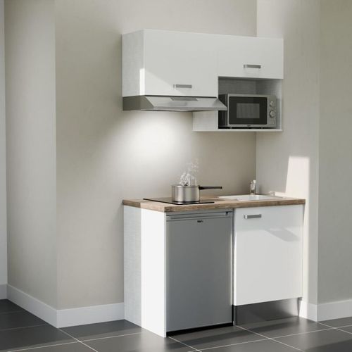 Kitchenette K02l-pt - 120 Cm-façade Blanc-plan Bois-evier Inox-crédences Non+electro Inox