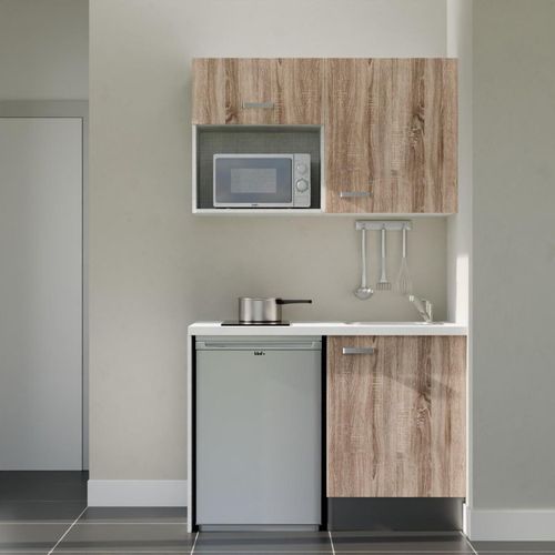 Kitchenette K07l-pt - 120 Cm-façade Bois-plan Blanc-evier Inox-crédences Non+electro Inox