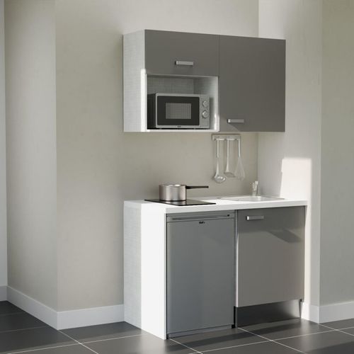 Kitchenette K07l-pt - 120 Cm-façade Gris-plan Blanc-evier Inox-crédences Non+electro Inox