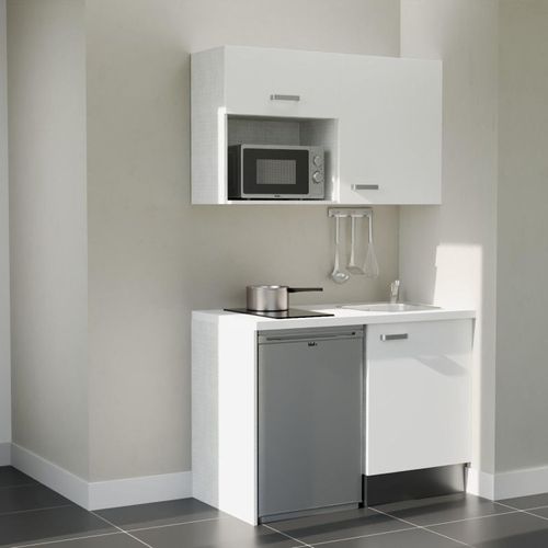 Kitchenette K07l-pt - 120 Cm-façade Blanc-plan Blanc-evier Inox-crédences Non+electro Inox