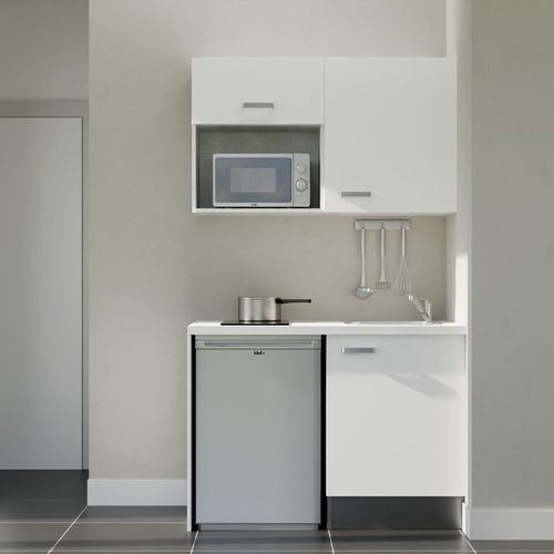 Kitchenette K07l-pt - 120 Cm-façade Blanc-plan Blanc-evier Inox-crédences Non+electro Inox