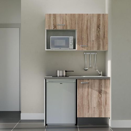 Kitchenette K07l-pt - 120 Cm-façade Bois-plan Gris Béton-evier Inox-crédences Non+electro Inox