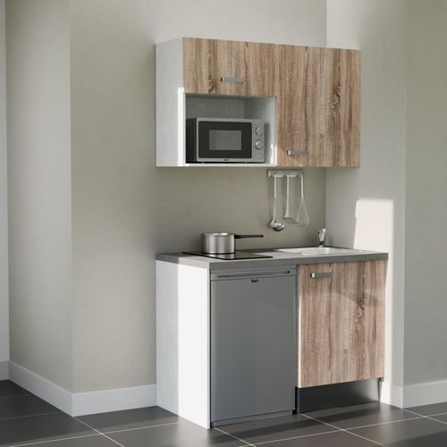 Kitchenette K07l-pt - 120 Cm-façade Bois-plan Gris Béton-evier Inox-crédences Non+electro Inox