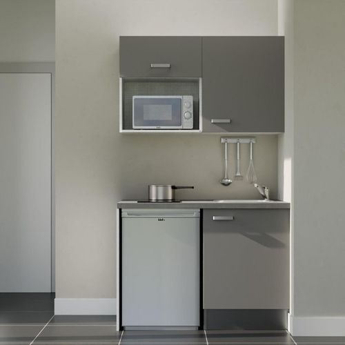 Kitchenette K07l-pt - 120 Cm-façade Gris-plan Gris Béton-evier Inox-crédences Non+electro Inox