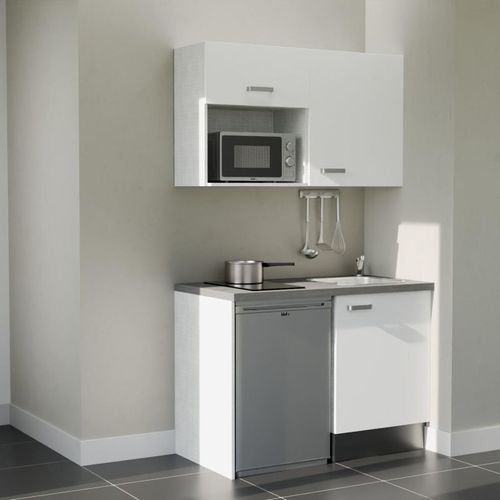 Kitchenette K07l-pt - 120 Cm-façade Blanc-plan Gris Béton-evier Inox-crédences Non+electro Inox
