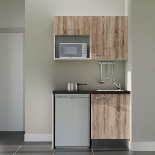 Kitchenette K07l-pt - 120 Cm-façade Bois-plan Noir Texturé-evier Inox-crédences Non+electro Inox