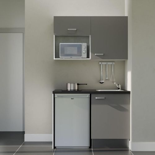 Kitchenette K07l-pt - 120 Cm-façade Gris-plan Noir Texturé-evier Inox-crédences Non+electro Inox