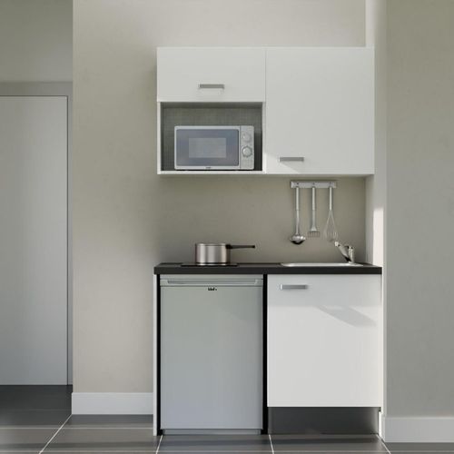 Kitchenette K07l-pt - 120 Cm-façade Blanc-plan Noir Texturé-evier Inox-crédences Non+electro Inox