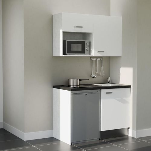 Kitchenette K07l-pt - 120 Cm-façade Blanc-plan Noir Texturé-evier Inox-crédences Non+electro Inox