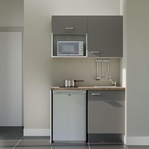 Kitchenette K07l-pt - 120 Cm-façade Gris-plan Bois-evier Inox-crédences Non+electro Inox