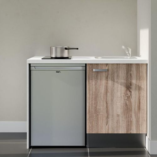 Kitchenette K08l-pt - 120 Cm-façade Bois-plan Blanc-evier Inox-crédences Non+electro Inox