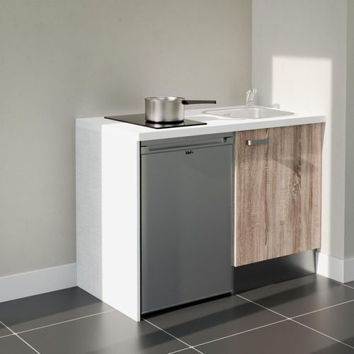Kitchenette K08l-pt - 120 Cm-façade Bois-plan Blanc-evier Inox-crédences Non+electro Inox