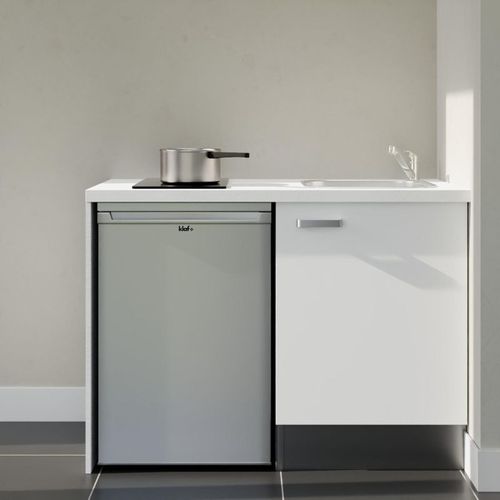 Kitchenette K08l-pt - 120 Cm-façade Blanc-plan Blanc-evier Inox-crédences Non+electro Inox