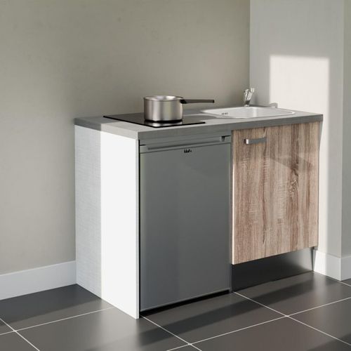 Kitchenette K08l-pt - 120 Cm-façade Bois-plan Gris Béton-evier Inox-crédences Non+electro Inox