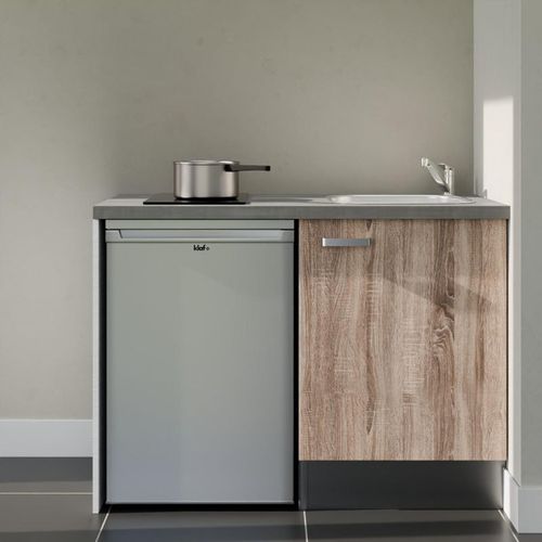 Kitchenette K08l-pt - 120 Cm-façade Bois-plan Gris Béton-evier Inox-crédences Non+electro Inox