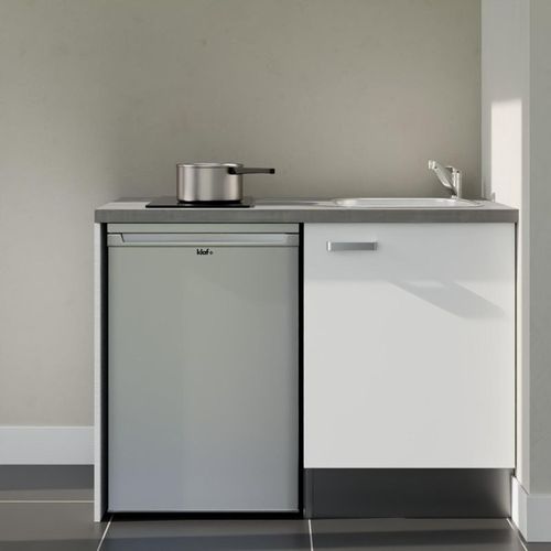 Kitchenette K08l-pt - 120 Cm-façade Blanc-plan Gris Béton-evier Inox-crédences Non+electro Inox
