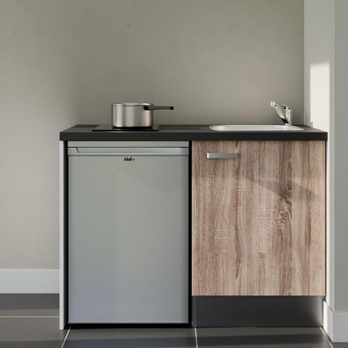 Kitchenette K08l-pt - 120 Cm-façade Bois-plan Noir Texturé-evier Inox-crédences Non+electro Inox