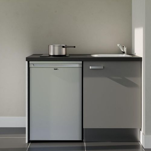 Kitchenette K08l-pt - 120 Cm-façade Gris-plan Noir Texturé-evier Inox-crédences Non+electro Inox