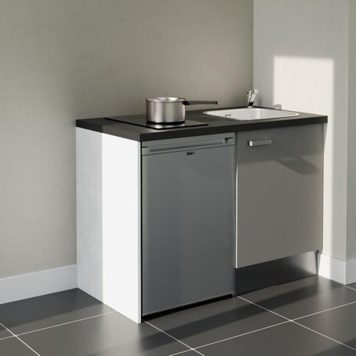 Kitchenette K08l-pt - 120 Cm-façade Gris-plan Noir Texturé-evier Inox-crédences Non+electro Inox